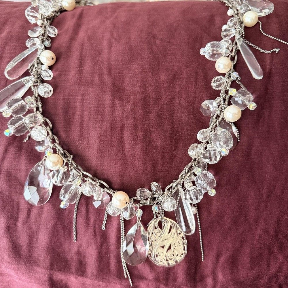VTG Mark. Avon Silver Tone Bib Statement Necklace Clear Beads Teardrop Chain 34"